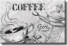 Coffee Drawing, Kitchen Picture on Stretched Canvas, Wall Art D cor, Ready to Ha