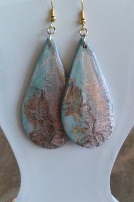 Handcrafted Gold Teardrop Polymer Clay And Resin Blue Pink Bronze Earrings