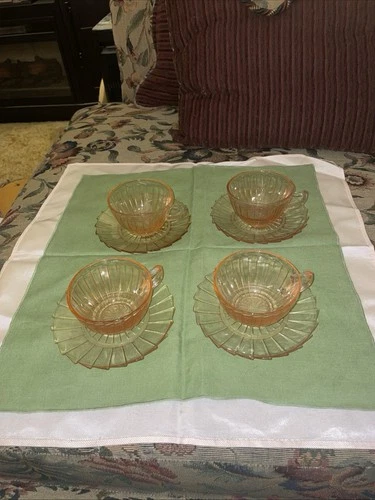 VTG Jeannette Pink Sierra Pinwheel Lot Of 4 Cups And Saucers Depression Glass