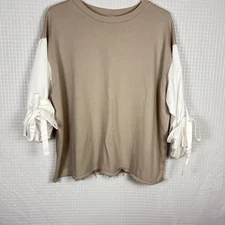 Zara Tie Sleeve Womens Top Large Comfy Raw Edge Oversized Neutral Lounge Boxy