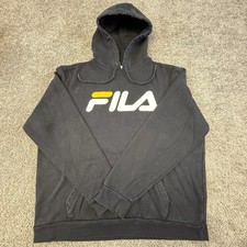 Fila Hooded Sweatshirt Men's XL Solid Black Drawstring Soft Warm Comfort Used