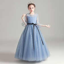 Kids Girl Ball Gown Long dress Short Sleeve Dot Mesh Princess Party Frock 54351