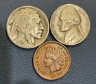 Vintage Coins - 1901 Indian Cent, 1936 Buffalo Nickel, 1946 Jefferson Nickel