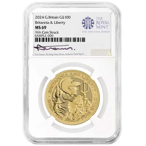 2024 U.K. £100 1-oz King Charles lll Gold Britannia &Liberty NGC MS69