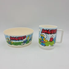 80s Smurf Bowl And Cup Plastic By Deka Made In USA Elizabeth  New Jersey