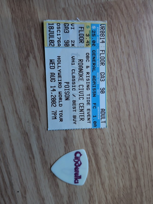 Poison, Cinderella Ticket Stub And Pick 2002 Roanoke Civic Center.