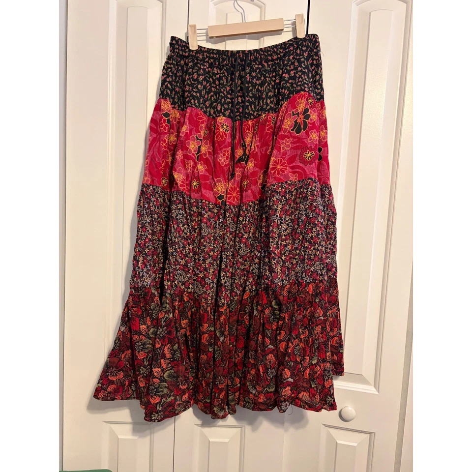 复古分层长裙花卉印花弹性腰围抽绳棉中号 — 第 2/4 张图片