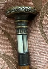 Antique Black Parasol w/ Sterling Silver Handle   MOP Inlay, Bamboo, Engraved DB