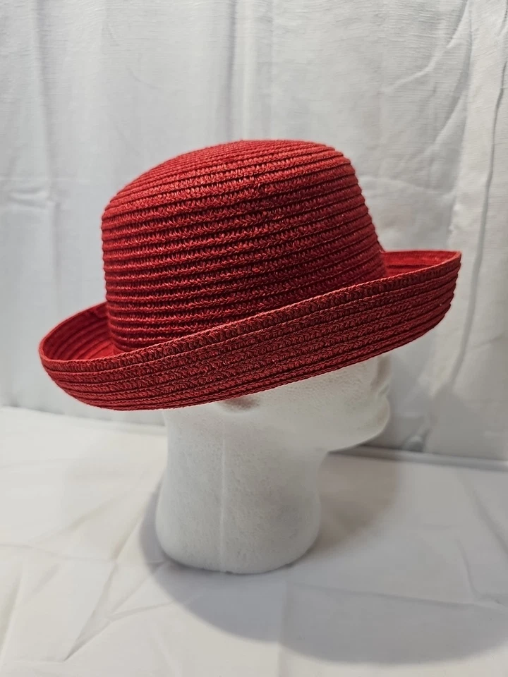 Sombrero de paja de rafia rojo rosa años 90 ala enrollada Cloche de colección, 100 % papel NR#110280 Foto 4 de 4