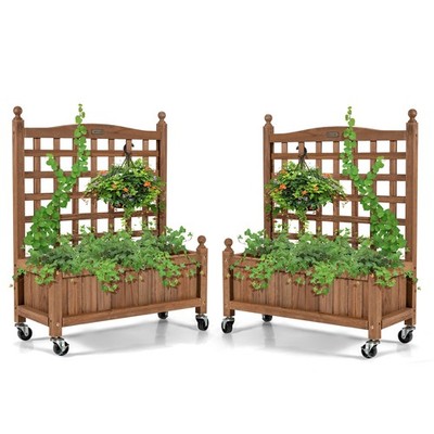 Topbuy 2PC 32in Wood Planter Box with Trellis and Wheels Mobile Plant Raised
