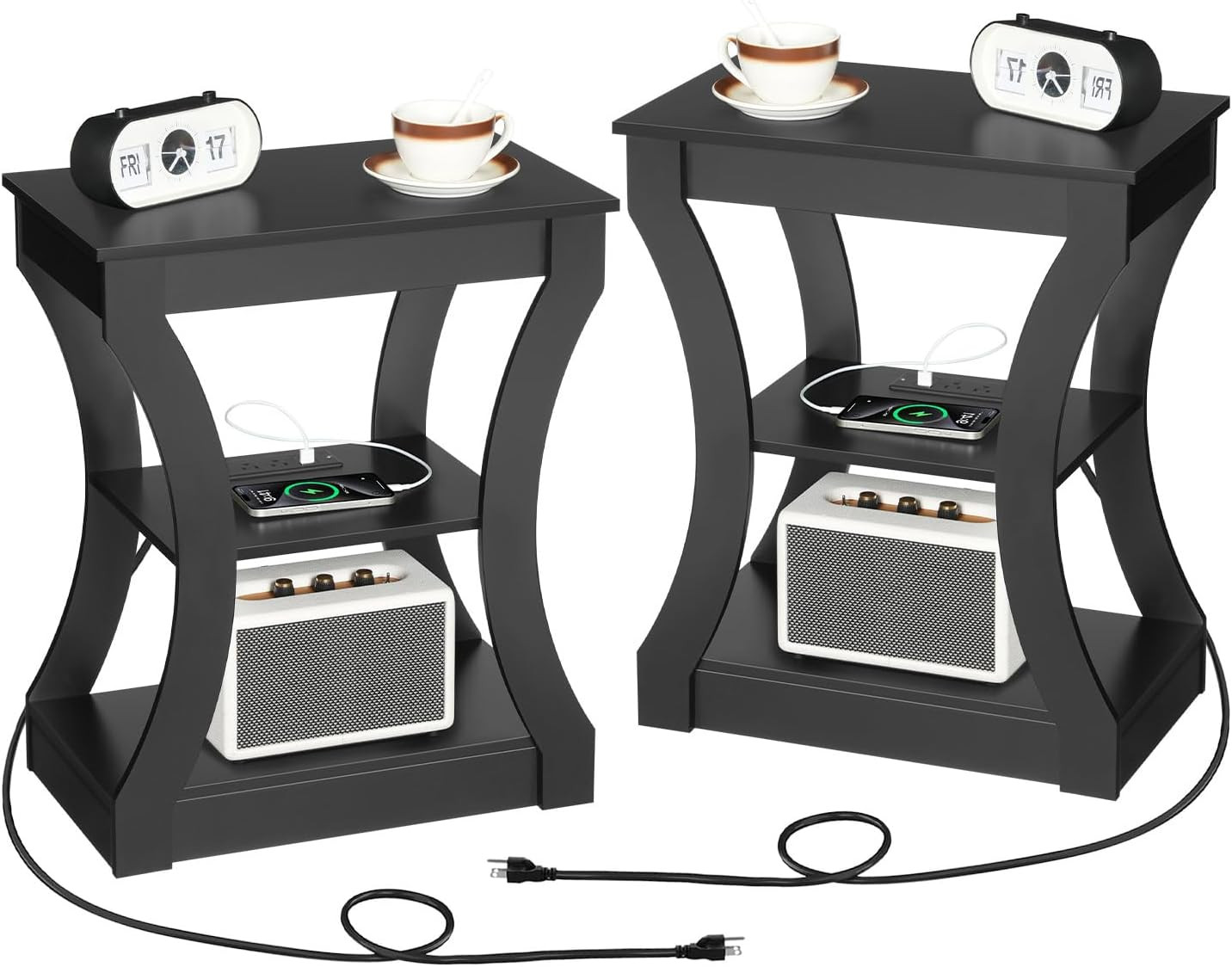 End Tables Living Room Set of 2 with Charging Station, Black