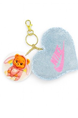 Denim Heart Keychain w/ Pink Nike Inspired Logo & 3D Teddy Bear Charm |Handmade