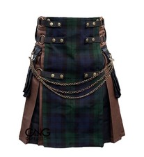 Herren Schottisch Gothic Kilt Tartan Frontsch&uuml;rze Antik Kette Modern Utility Kilt
