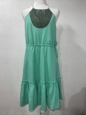Banana Republic Women's 4 Green Brown Aztec Halter Pleated Midi Flare Dress