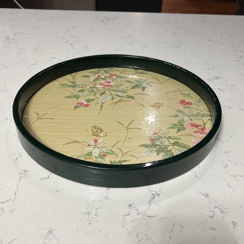 Kraftware 12.5" Vintage Round Serving Tray Green Faux Leather Oriental Flowers - Picture 6 of 17