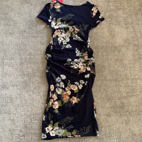 Isabel Maternity Dress Womens Size XS Navy Blue Floral Print Side Ruched - Picture 6 of 6