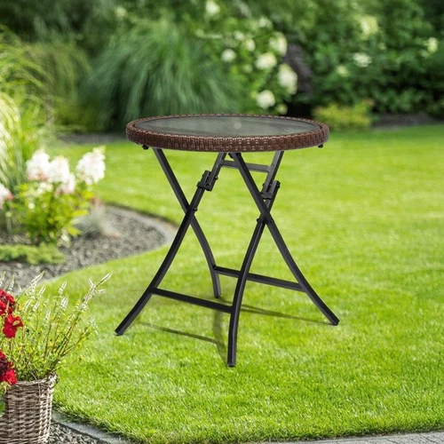 Outdoor Side Table Round Rattan Patio Side Table Small Foldable Wicker Table - Picture 10 of 10