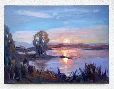 River landscape Original painting Impressionism Oil on canvas by E Chernyakovsky