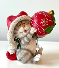 TRANSPAC Pet Cuties Tabby Kitty Cat w Red Christmas Ornament Resin Figurine New