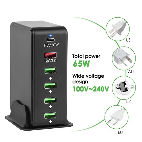 65W QC3.0 PD 20W Tipo-C 4 Puertos USB Cargador de Pared Soporte para iPhone iPad Tablet PC - Imagen 9 de 12