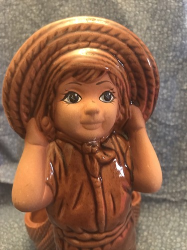 Vintage Ceramic Farmer Boy Planter 9-1/2” - Brown Glaze - Picture 2 of 7