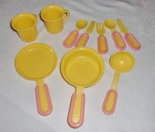 Pretend Plastic Toy Play Kitchen Items -  Utensils,Pots,Pans,Cups  Yellow & Pink