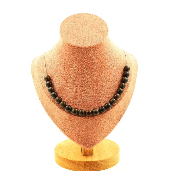 Mineralien Und Edelsteine. Halskette 20 Perlen Bronzit 8 Mm. Kette Aus Stahl-image
