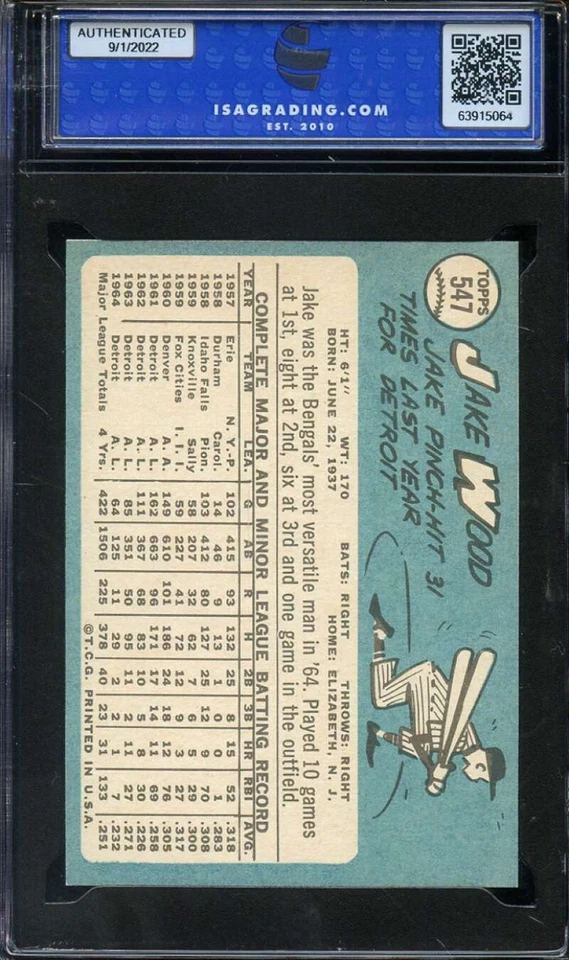 1965 TOPPS #547 JAKE WOOD ISA 9 SP TIGERS *ADT5684 - Image 2 of 2