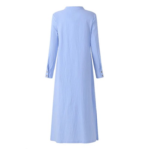 Cotton Linen Women Retro Button-Up Maxi Long Kaftan Side Slit Casual Shirt Dress - Picture 9 of 26