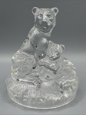 Vintage Italian Royal Crystal Rock Crystal Lioness & Cub on Frosted Glass Base
