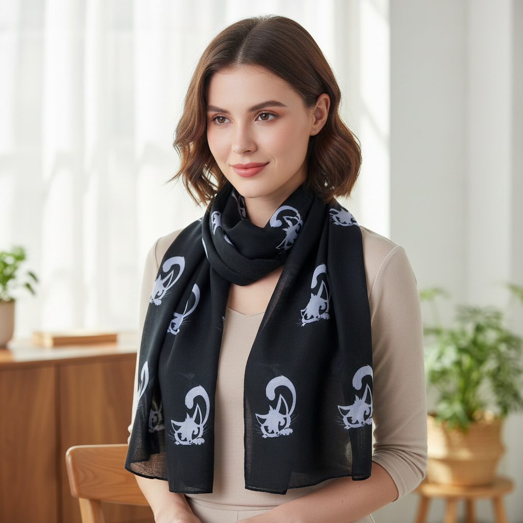 Black & White Cat Print Scarfs for Women  Scarf Scarves Shawl Wrap Cats Gift