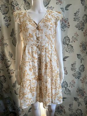 Mine NWOT Midi Rust Floral Sun Dress Button Down Front Fairy Flutter Sleeve Sz L