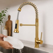 Gold Kitchen Sink Mixer Tap Faucet With Pull Out Hose 2 Spray Modes + Fittings
