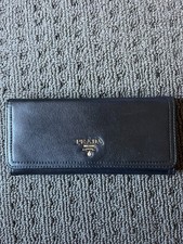 Authentic PRADA Black Vitello Leather Long Co...