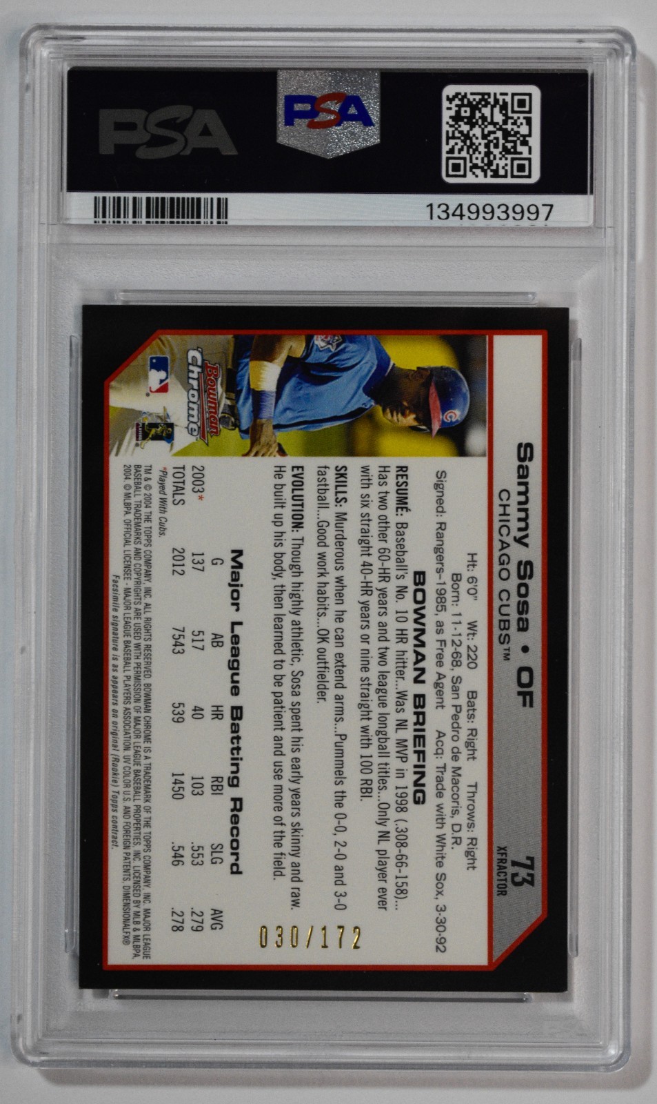 2004 Bowman Chrome #73 Sammy Sosa Xfractor /172 PSA 8 NM-MT Cubs view 2