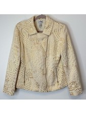 Chico's Gold Ecru Cream Jacquard Moto Zip Blazer Jacket Women Chico Sz 1 US M 8