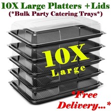 10X Black Sandwich Platters + Lids & Labels Reusable Cakes Buffet Party Display