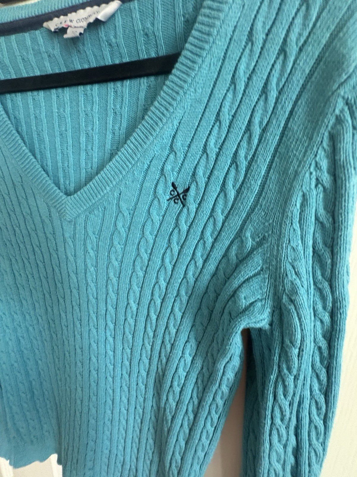 Crew Clothing Co. Size 12 Teal Blue Cable Knit Cotton Cashmere V-Neck Jumper image 4