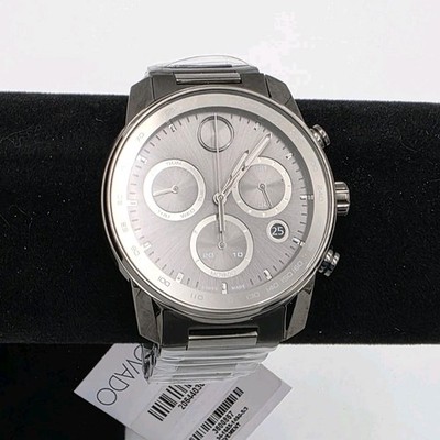 Movado Men's Bold Verso Chronograph Date Silver Dial SS Bracelet Watch 43mm