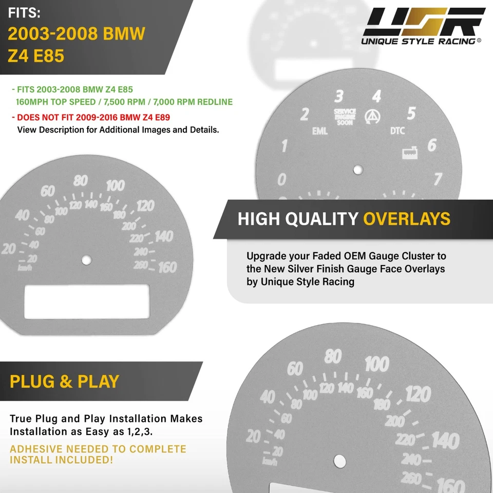 M3 Look Silver Gauge Face Overlay For 2003-2008 BMW Z4 E85 160MPH Foto 3 de 4