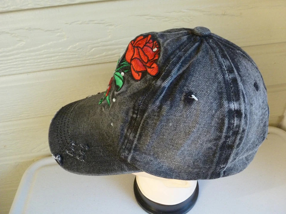 Cheveux Denim Hat Black Embroidered Skull Rose Distressed Strapback Boho - Image 3 of 4