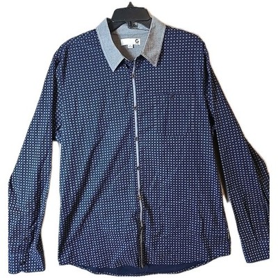 Guess Mens Button Down Long Sleeve Shirt Dark Blue XL With Dots Stretchy Comfort