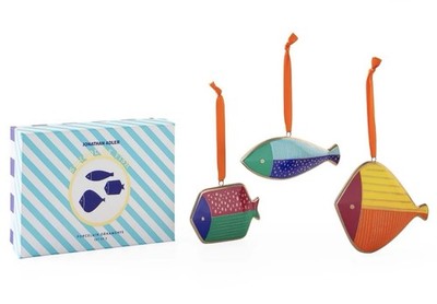 Jonathan Adler Porcelain Set of 3 Ornaments - School of Fish NEW