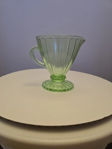 Green Depression Glass Ribbed Creamer Uranium Vaseline 3.5”  Vintage