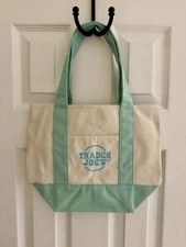TRADER JOE'S Pastel Green With Blue Lettering Canvas Mini Tote Bag NWOT