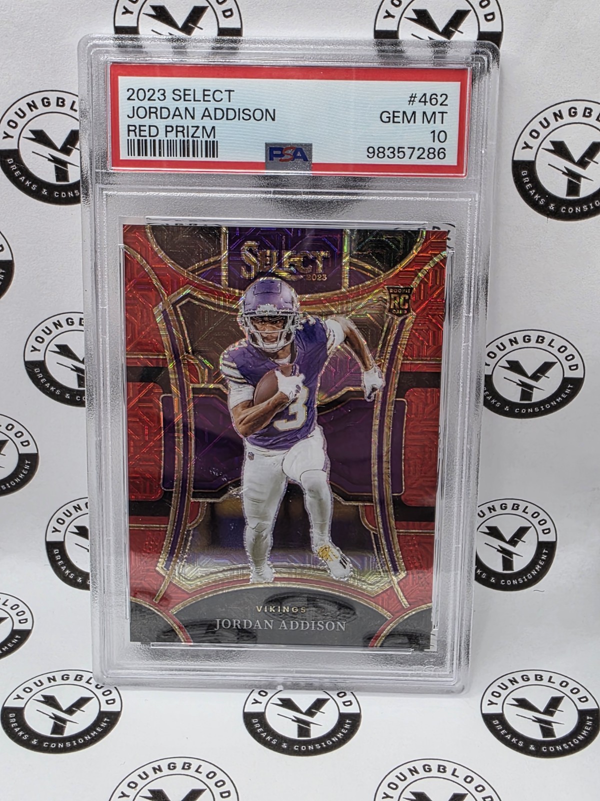 JORDAN ADDISON 2023 SELECT SUITE RC RED DISCO PRIZM RC 03/49 # MATCH -- PSA 10