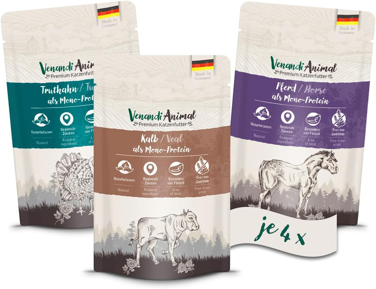 Venandi Animal Trial Pack II Gatti: 4x Cavallo & 4x Vitello Grain Free