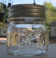 Vintage Ball "Half Pint" Square 3 1/4" Clear Glass Jar with Porcelain/Zinc Lid