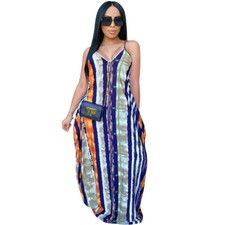 Loose Spaghetti Strap Spring Multi Color Striped Maxi dress 