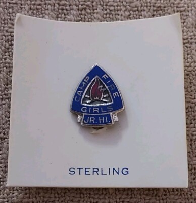 Vintage Camp Fire Girls Sterling Silver Jr. Hi. Pin.Pinback Button Original Card